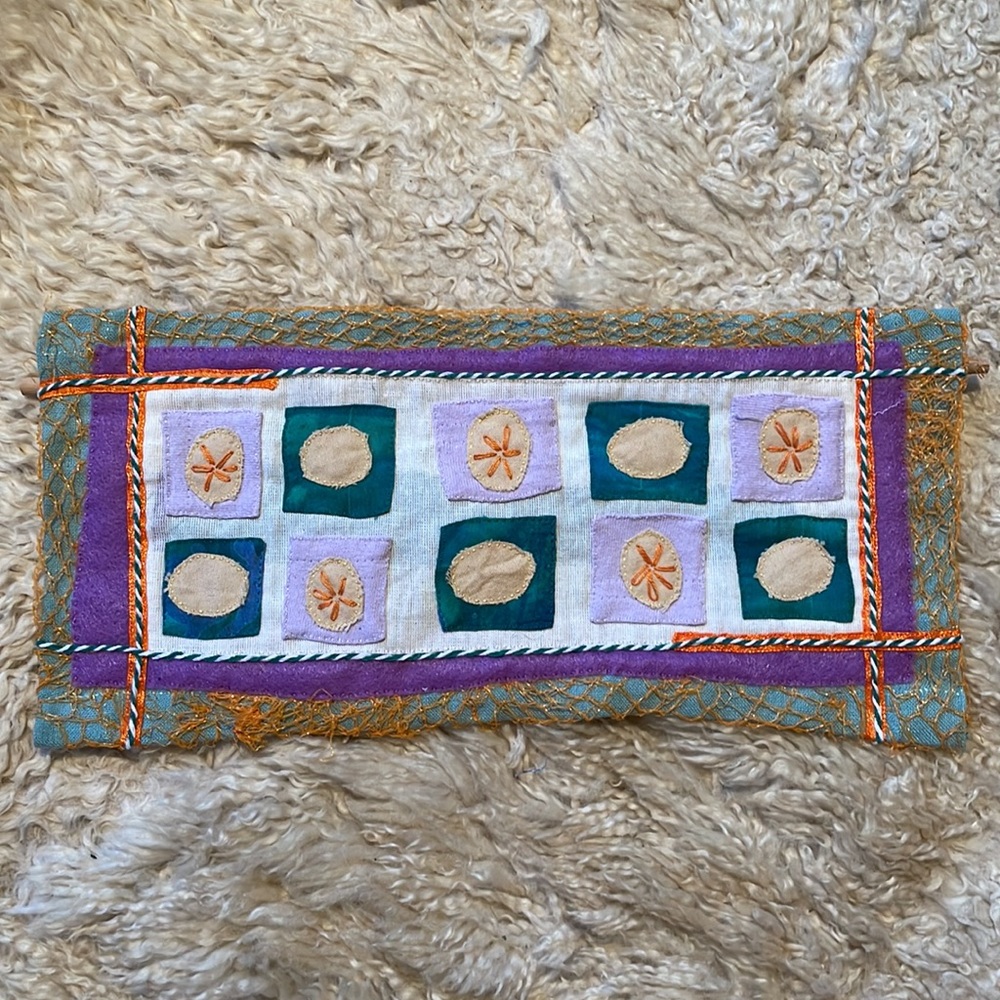 Hand Crafted Teal Purple Cream Embroidered Wall Tapestry